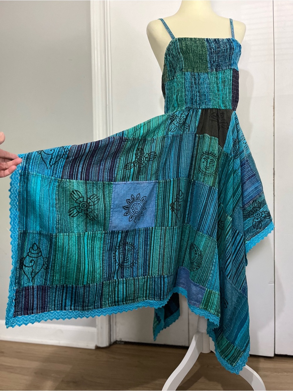 Ananta Cotton Patchwork & Printed Dress  Boho Crochet Trim Smocked Bodice NWT - Picture 6 of 13